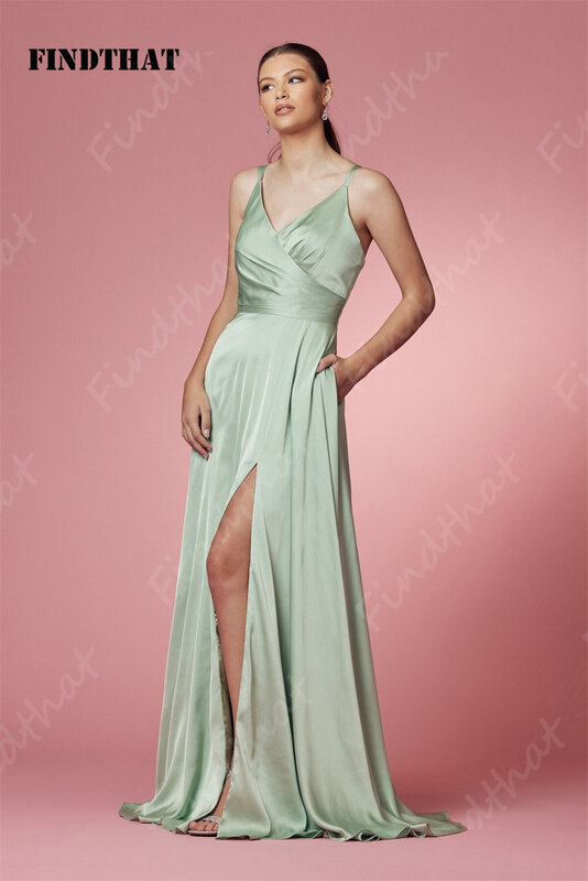 Findthat Dark Green V-Neck Bridesmaid Dresses Spaghetti-Straps Pleated Evening Dress A-Line Side Slit Lace-up Back with Pocket