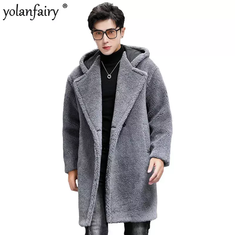 Jaqueta de lã média longa masculina, casaco solto com capuz, roupas de pele real, casacos de inverno masculinos, moda outono, nova