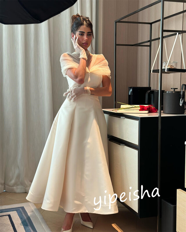 Jiayigong Charmeuse 주름 A라인 O넥 맞춤형 드레스, 발렌타인 데이, 사우디 아라비아 미디 드레스