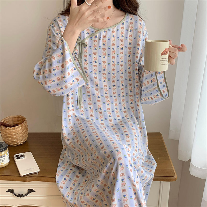 Женская свободная ночная рубашка, летняя ночная рубашка с длинным рукавом, одежда для сна в китайском стиле с принтом, дышащая Домашняя одежда большого размера, платье