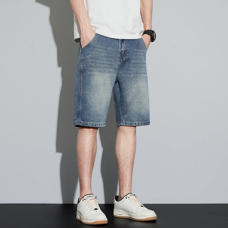 Calção jeans masculina até o joelho, jeans justo, calça jeans azul reta, casual, roupa de verão, streetwear masculina, 2024