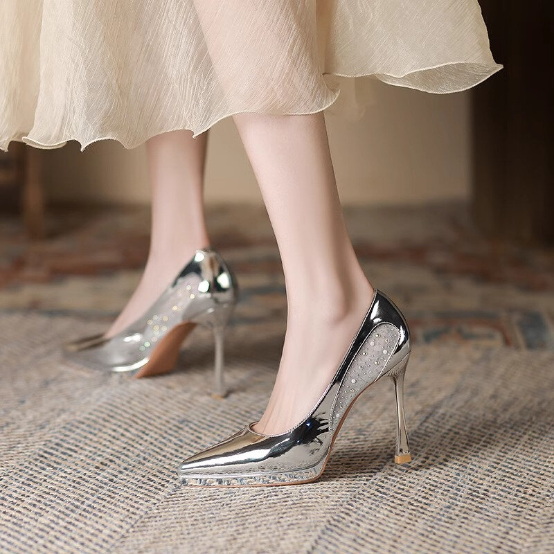 Silver High Heels Women's 2024 Spring/Summer/Autumn New Fine Heel Design Sharp Point High Heels