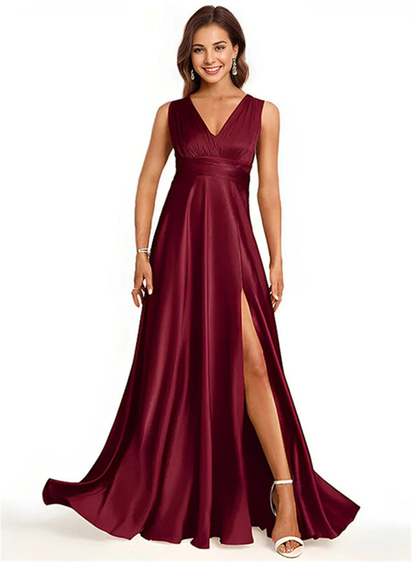 2024 Womens's Simple Satin Sleeveless Adjustable Prom Dress High Slit Backless A-Line Floor-Length Pleated Formal Evening Gowns