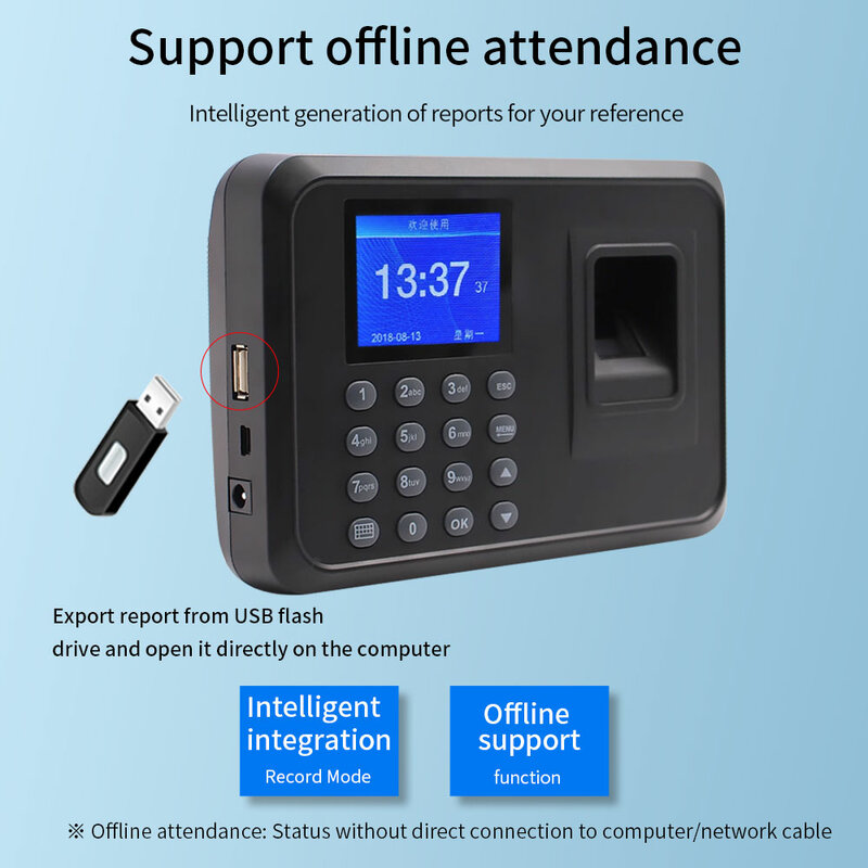 Sistema biométrico de asistencia de tiempo, dispositivo electrónico de 2,4 pulgadas, grabadora USB, lector de huellas dactilares, reloj en máquina de Control de empleado