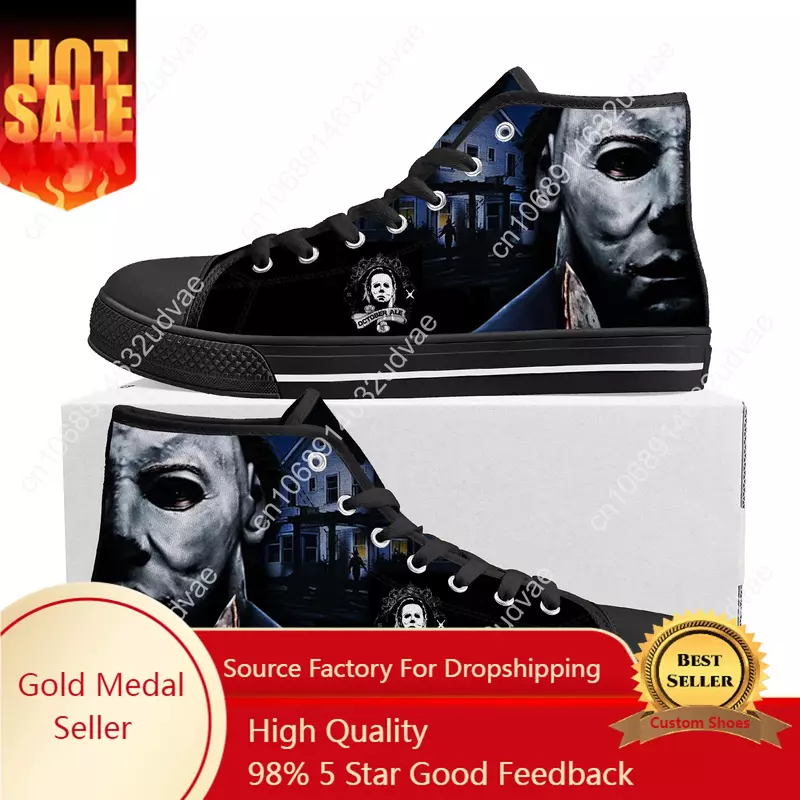 Michael Myers Sneakers kualitas terbaik tinggi Sneakers kanvas horor Halloween pria wanita remaja sepatu kasual sepatu pasangan sepatu kustom