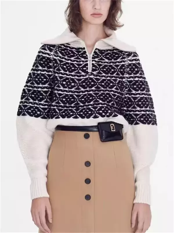 Женский винтажный жаккардовый свитер на молнии с отложным воротником