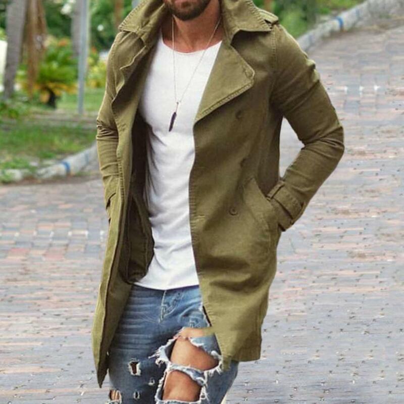 Men Trench Coat Stylish Men's Slim Fit Mid Length Lapel Coat with Pockets Windproof Breathable Streetwear Jacket for Autumn Plus