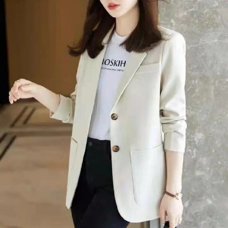 女性の韓国版の魅力的なスーツ、シンプルで用途の広いスーツ、ダブルボタン、ミドル丈、単色、春と秋、2023