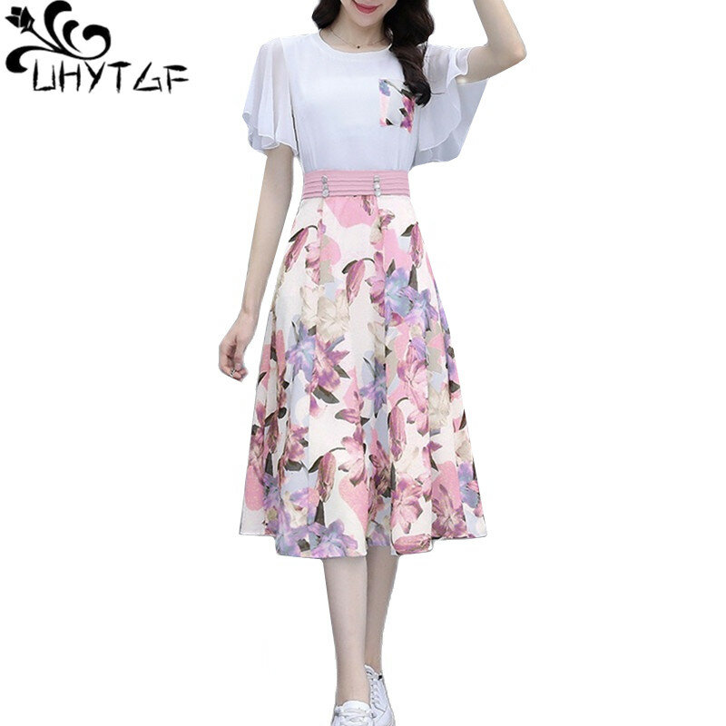 Uhytgf terno feminino verão conjunto de duas peças feminino coreano moda chiffon impressão camiseta + saia de cintura alta uma linha saia conjunto senhoras 72
