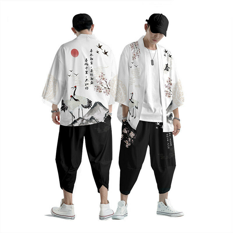 Traje de dos piezas de gran tamaño para XXS-6XL, conjunto de Kimono y pantalones de moda de estilo japonés, cárdigan, blusa Haori Obi, ropa asiática