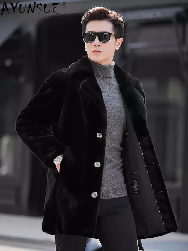 AYUNSUE High-end Natural Fur Coat Mink Jackets for Men 2023 Winter Mid-length Real Mink Fur Jacket Suit Collar Casual Streetwear