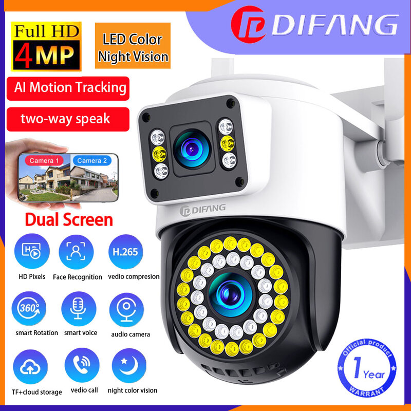 Difang Dual Len PTZ Outdoor Wifi Camera,Auto Tracking,Two Way Audio,Color Night Vision,Waterproof Security Wifi Camera RGB Light