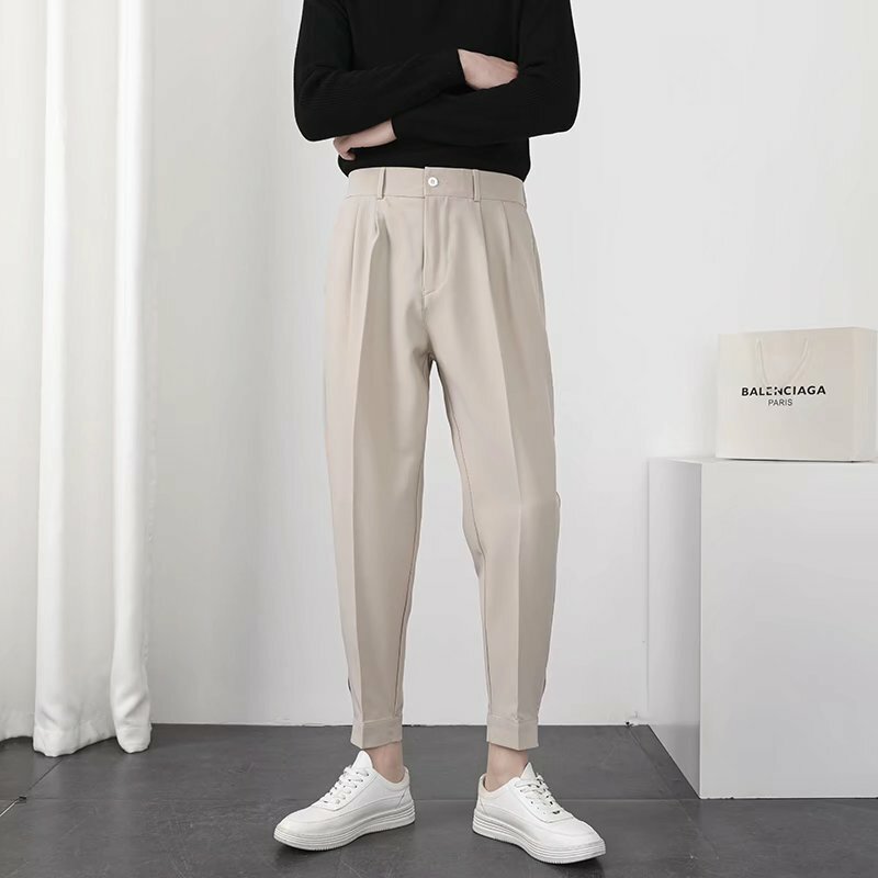 Mode Männer Casual Hosen Elastische Taille Kleine Füße Schlank Koreanische Stil Plissee Verjüngt Männlichen Blazer Hosen Hosen Streetwear