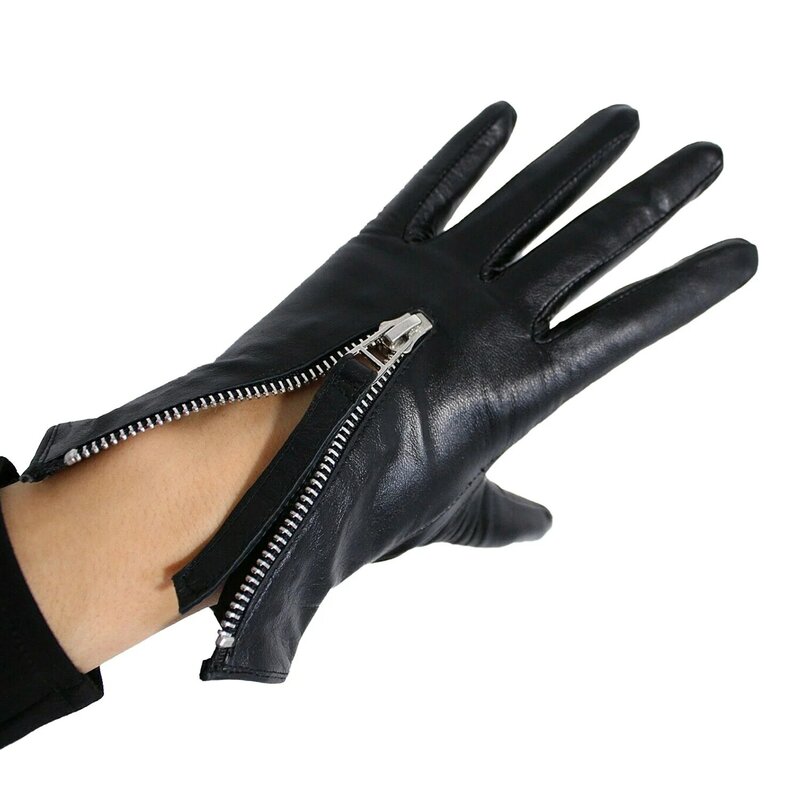 DooWay sarung tangan hitam kulit asli wanita, sarung tangan teknologi hitam kulit asli, layar sentuh belakang ritsleting pendek, sarung tangan mengemudi modis