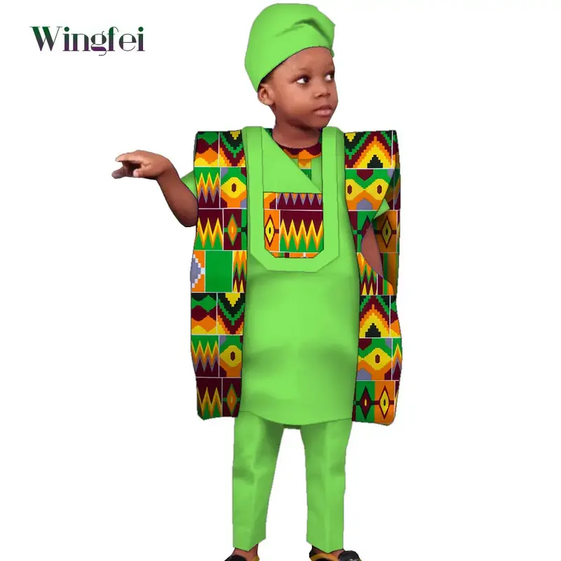 Kinderkleding Afrikaanse Agbada Gewaad Pak Voor Kinderen Patchwork Dashiki Jongen Pak 4 Stuks Set Shirt Broek En Jas met Hoed WYT619