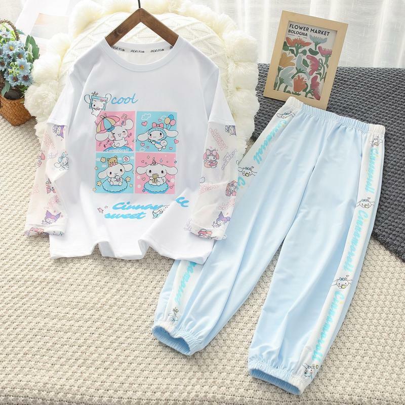 Sanrios My Melody Girls Summer Suit T-Shirt Pants Cinnamoroll Child Short Sleeve Pants Two-Piece Set Sun Protection Breathable