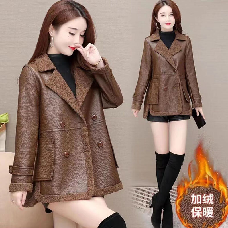 2024 Women Leather Jacket Autumn Winter Short Double Sided Wear Leather Coat 4XL Female Add Velvet Warm Lamb Wool PU Overcoat