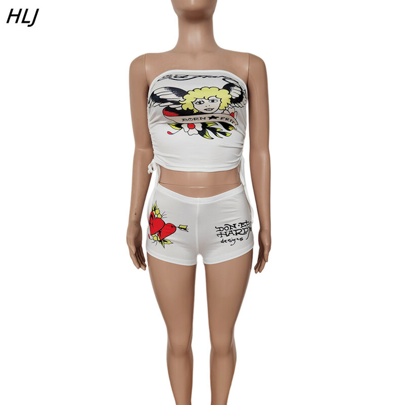 HLJ Fashion Y2K Graffiti Print Tube Two Piece Sets Women Off Shoulder Sleeveless Backless Crop Top And Shorts Outfits Streetwear