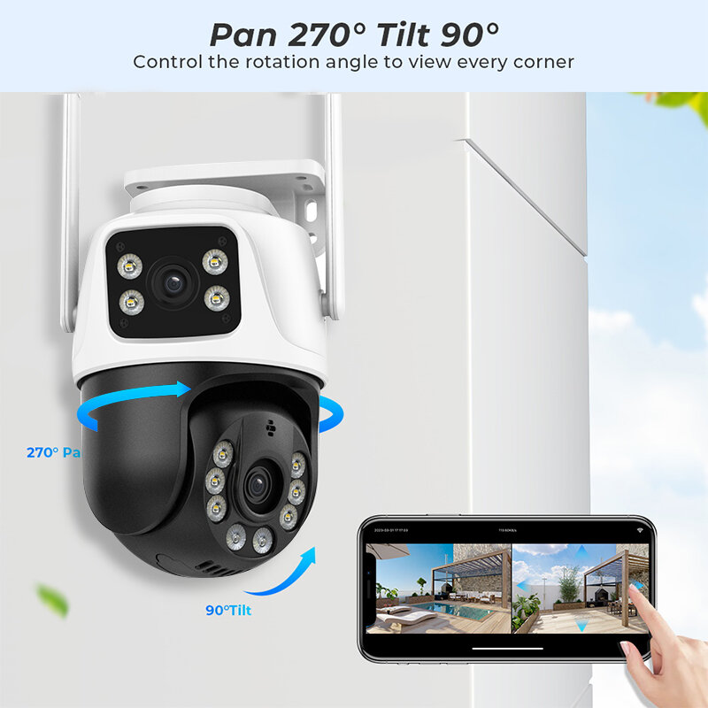 Telecamera Wifi da 8mp PTZ visione notturna esterna doppio schermo rilevamento umano telecamera IP di sorveglianza CCTV con protezione di sicurezza da 4mp
