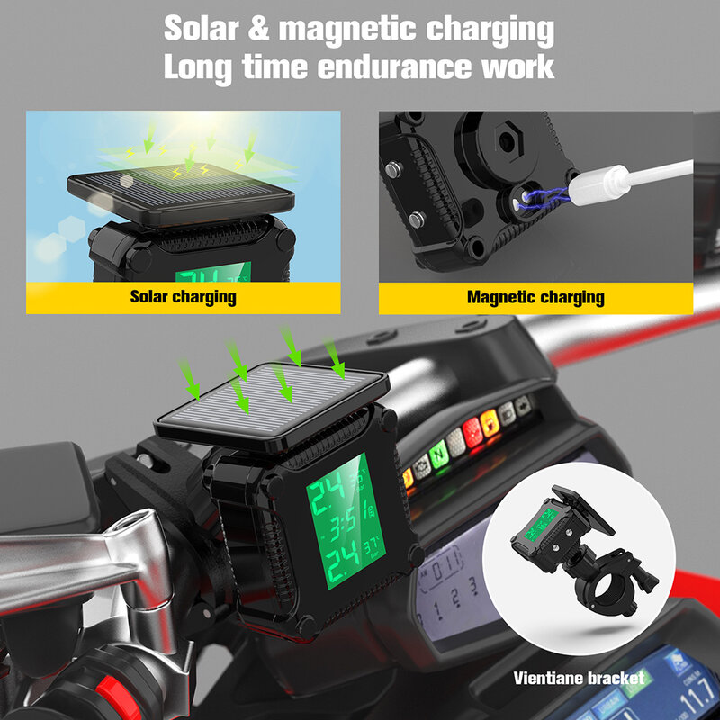 Système de surveillance de pression solaire pour moto, TPMS, 2 capteurs, alarme, compteur d'iode, Pit Bike, accessoires de vélo de route, 62