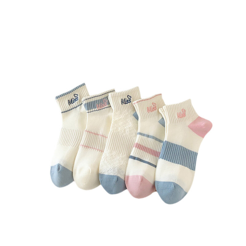 Kave-meias femininas de algodão, 5 pairs, primavera/verão, novo, respirável, casual, listra, bordado, carta, bombas, download gratuito