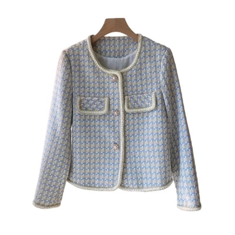 Jaket wol wangi kecil Vintage Perancis kualitas tinggi mantel wanita musim semi musim gugur kasual jalanan goreng mantel pendek kotak-kotak pakaian luar