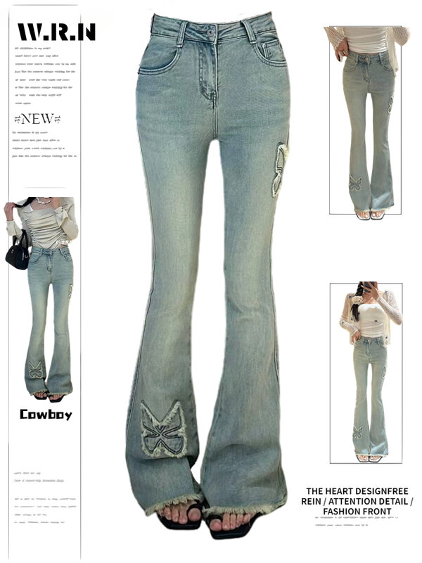 Dames Sharajuku Wijde Pijpen Hoge Taille Uitlopende Jeans Vrouwen Y 2K Broek 2024 Lente Vintage Slanke Vlinder Print Denim Broek