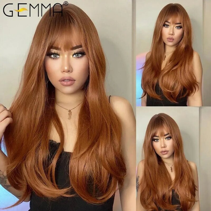 GEMMA Ombre Brown Blonde Long Straight Synthetic Wigs with Bangs Cosplay Wig for Women High Temperature Natural Fake Hair