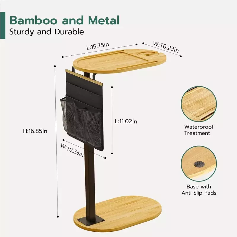 Tavolino da divano con altezza regolabile, tavolo da divano in bambù con tasca portaoggetti, tavolo da salotto con bracciolo sollevabile