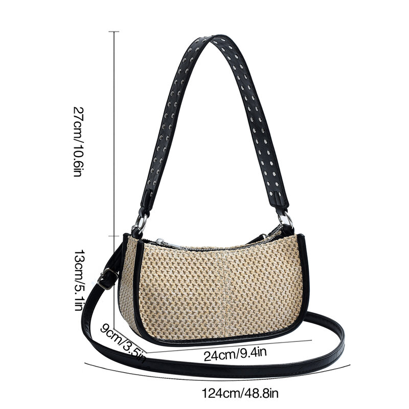 2024 Summer Straw Bag For Women French Style Underarm Shoulder Bag Wide Strap Handbag And Purse Luxury Rivet Woven Crossbody Bag