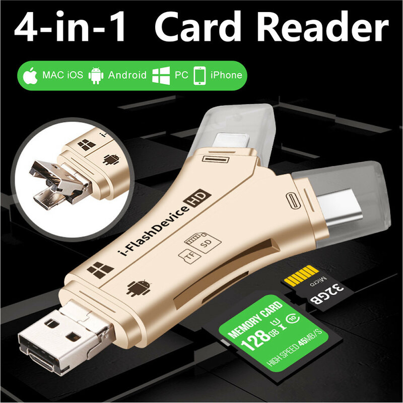 Leitor de cartão 4 em 1, adaptador usb-c micro usb microsd para android ipad/iphone 7 8 x plus 6s5s macbook otg tf sd, leitor e múltiplos conectores