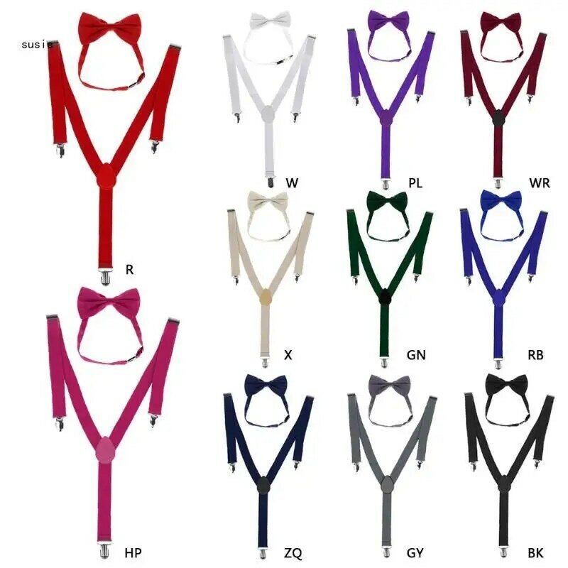 X7YA-Adjustable Y-Back Suspenders Set, Unisex Bow Tie, Clip-On Braces, Elastic Wedding