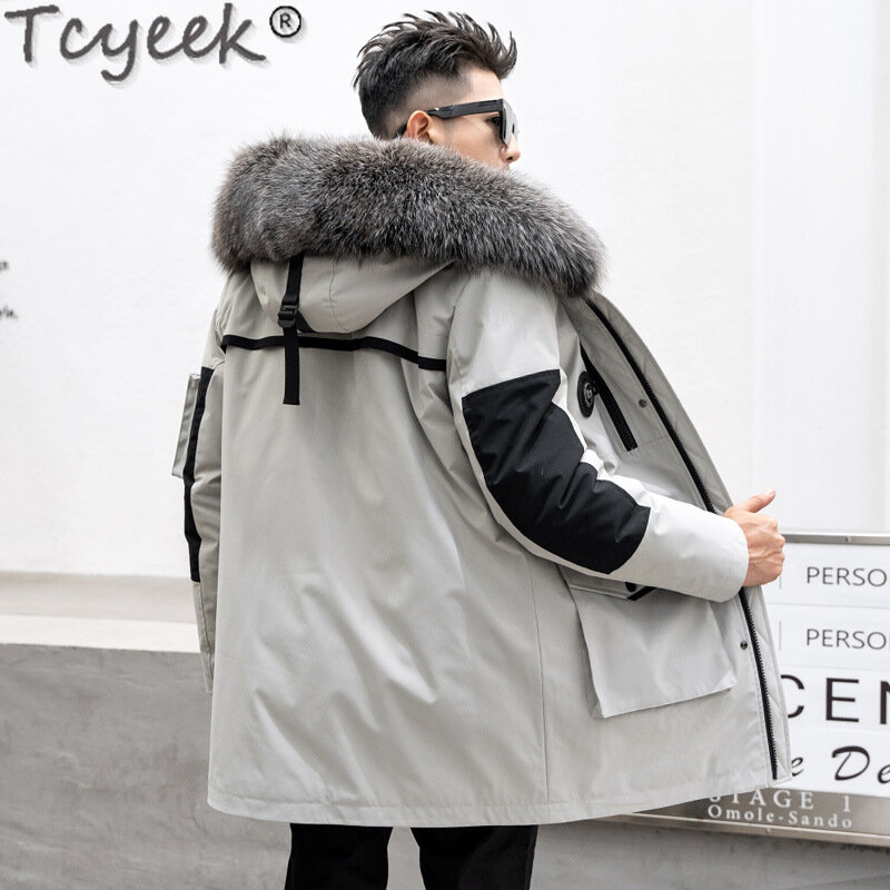 Пальто Tcyeek из натурального меха норки, мужская зимняя куртка, Модная парка средней длины, облегающее пальто из натурального меха, Мужское пальто с капюшоном и воротником из лисьего меха