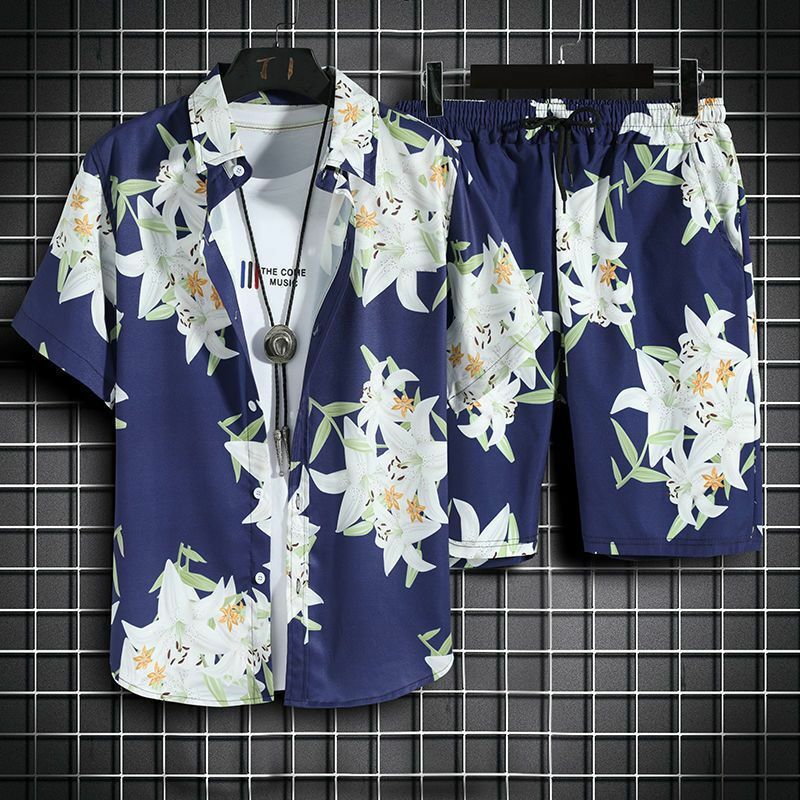 Ropa de playa para hombre, conjunto de 2 piezas, camisa hawaiana de secado rápido y pantalones cortos, ropa de moda con estampado, trajes casuales de verano