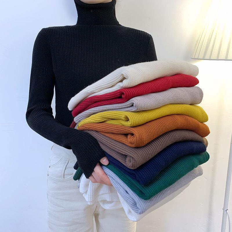 Sweater rajut lengan panjang wanita, baju Sweater Turtleneck ramping, lengan panjang, blus lembut kasual musim gugur dan dingin untuk wanita