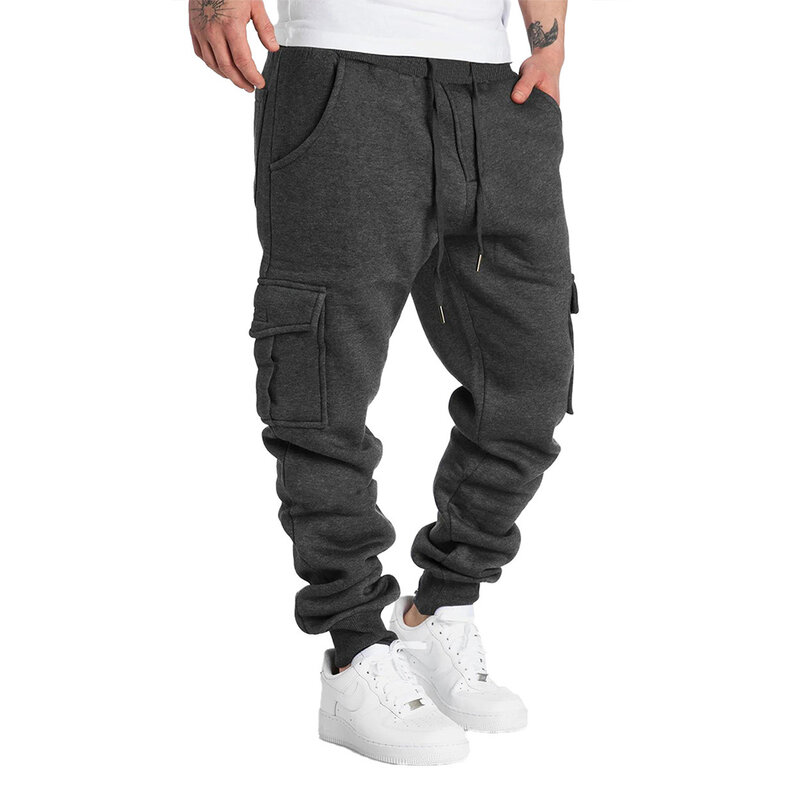 Cozy Fleece Mens Joggers Pants  Drawstring Cargo Trousers  Solid Color Sweatpants for Spring Autumn  Dark Gray