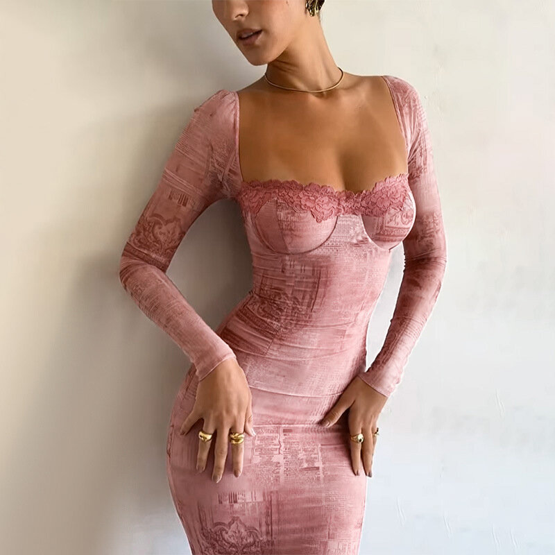 Gaun Maxi merah muda renda gaun elegan untuk wanita pakaian mewah musim gugur musim dingin 2023 gaun panjang wanita elegan Bodycon Club gaun motif seksi panjang