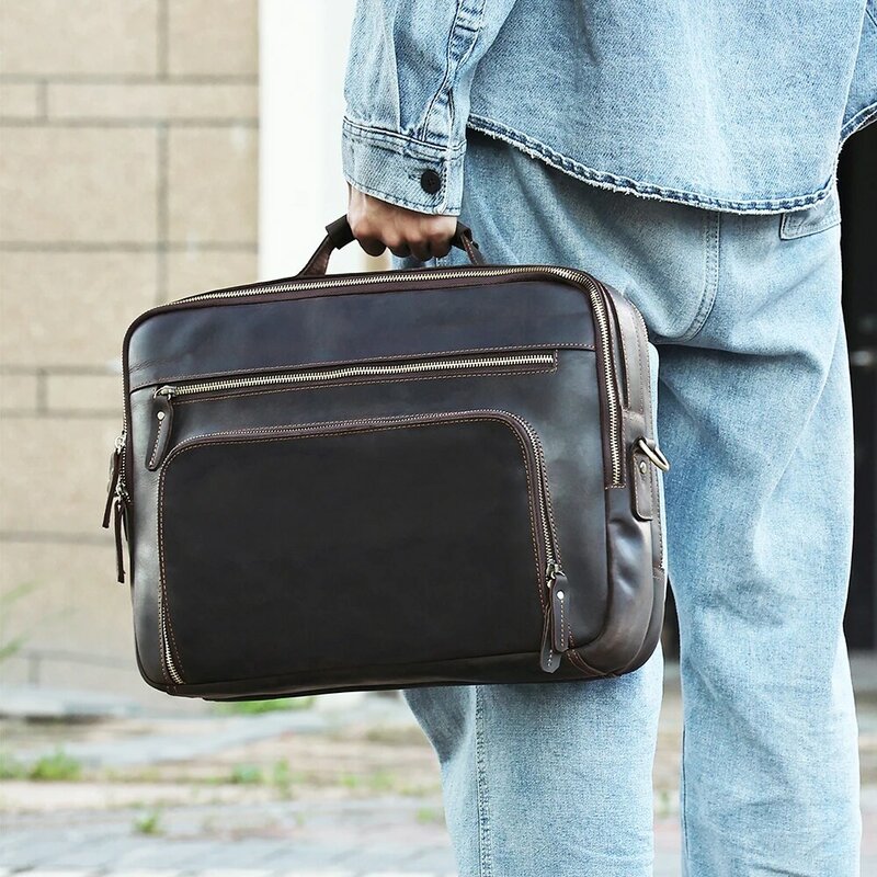 Joyir vintage cavalo louco maleta de couro negócios viagem trabalho mensageiro ombro carteira para 15.6 "bolsa para portátil