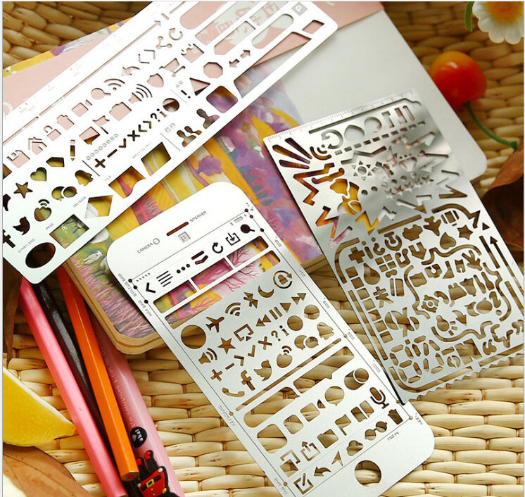 Penggaris logam Bookmark jurnal stensil gambar grafis Template skala DIY Kit untuk perencana Scrapbooking