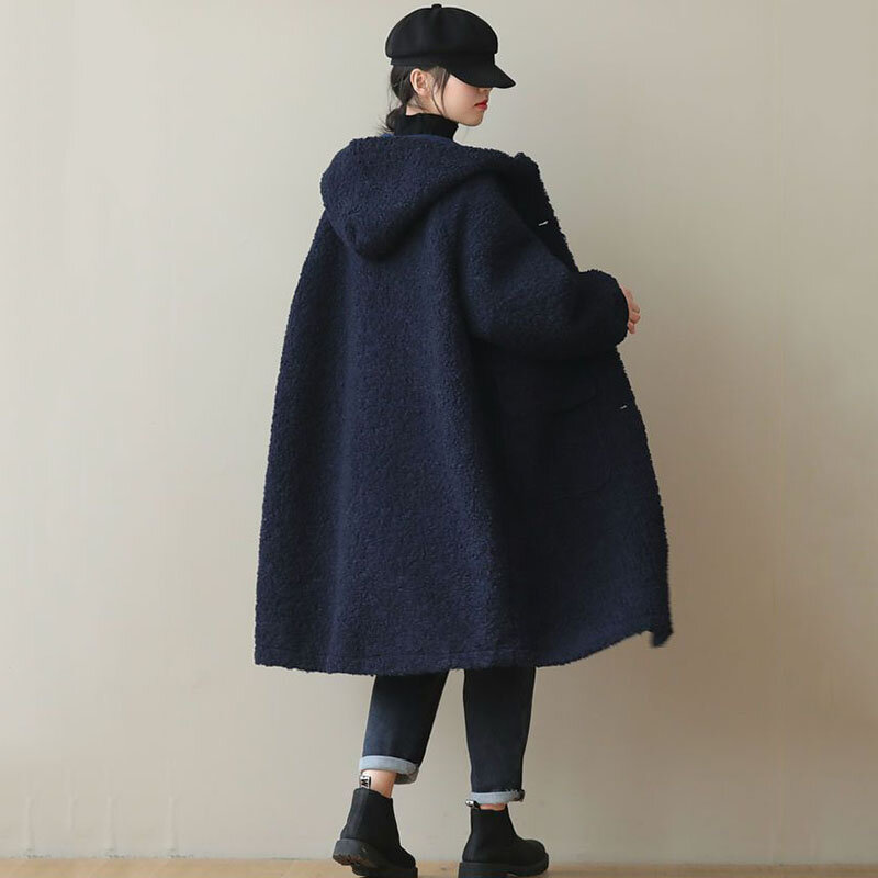 2024 модная женская куртка из искусственного меха осень-зима литературное искусство винтажное Свободное пальто с капюшоном из меха ягненка Женское пальто средней длины