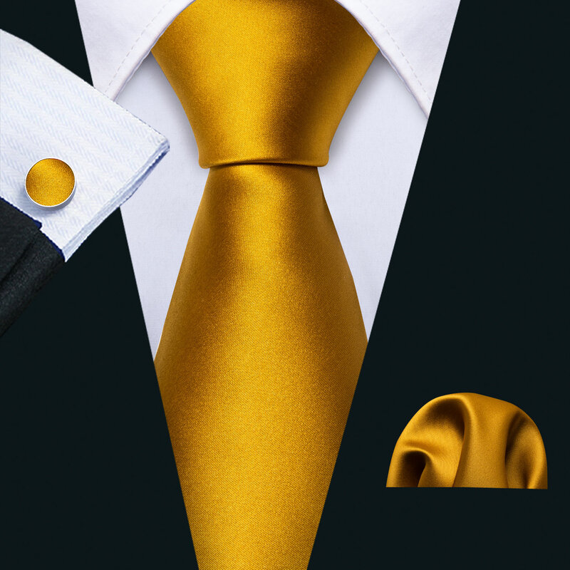 Corbata de seda sólida dorada para hombre, conjunto de gemelos cuadrados de bolsillo, Corbata lisa de satén para hombre, fiesta de regalo de negocios de boda, Barry.Wang