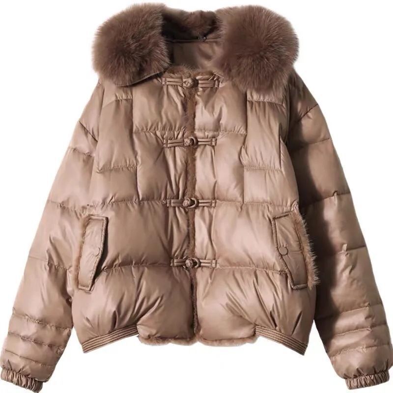 2023 New Winter Fox Fur Large Collar Down Coat Women's Short Fashion Thickened White Duck Down Coat Winter Jackets