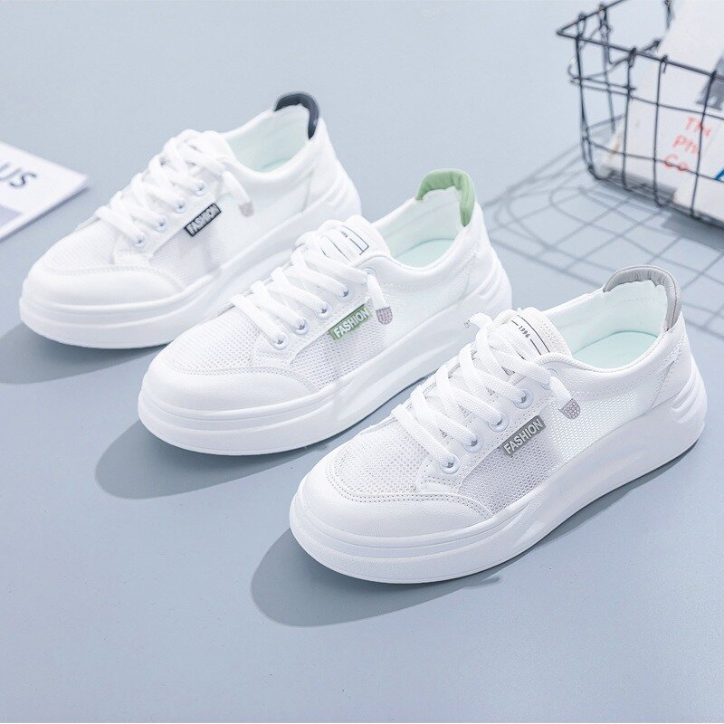 Comemore White Skate Shoes Women's Spring Summer 2024 New Mesh Breathable Mesh Casual Thick Bottom Shoe Casual Sneakers Platform