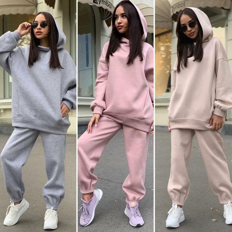 2 Pcs/Set Trendy Pullover Women Autumn Tracksuit Thick Elastic Cuff Deep Crotch Winter Hoodie Pants Set Thermal