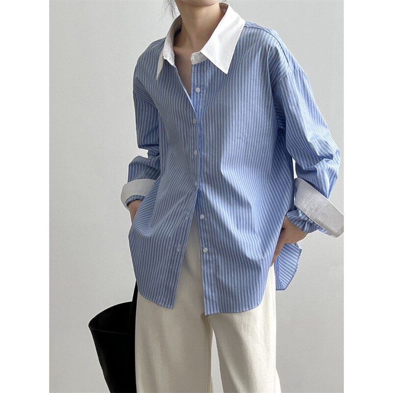 QWEEK-camisa a rayas de gran tamaño para mujer, blusa elegante de manga larga para oficina, moda Coreana de verano, estilo de dinero antiguo, estética