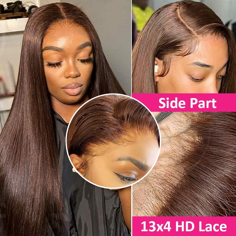 Perruque Full Lace Front Wig 360 naturelle, cheveux lisses, HD, chocolat, 13x4, 13x6, pre-plucked, avec baby hair