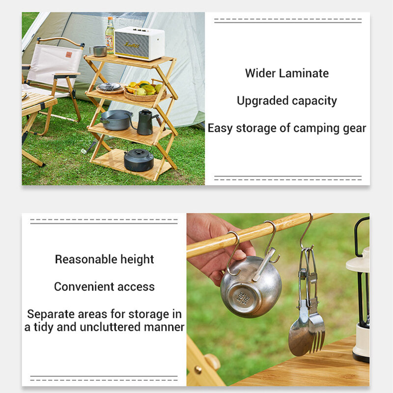 Multifuncional Outdoor Camping Shelf Rack, Multi-Camada, Dobrável, Portátil, Sem Instalação, Bambu, Armazenamento de Madeira, Sapato