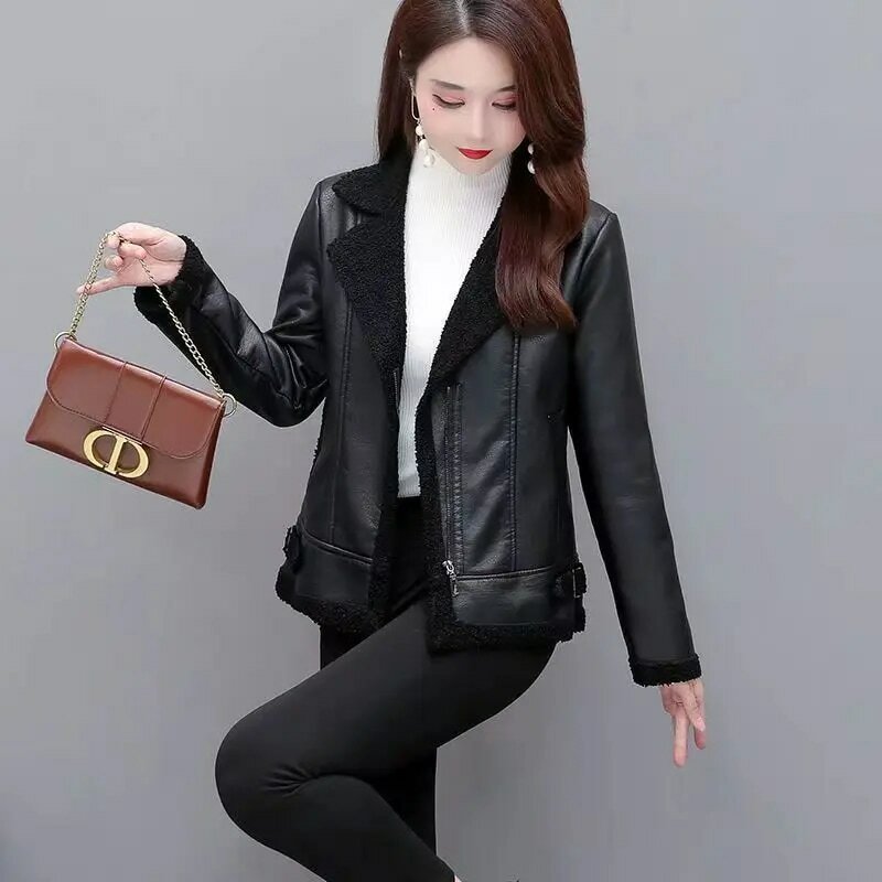 2023 koreańska moda wełna jagnięca płaszcze damskie Streetwear skórzana ze sztucznym futrem kurtka kobieta jesień zima grube ciepłe pluszowe płaszcz ze skóry PU traf