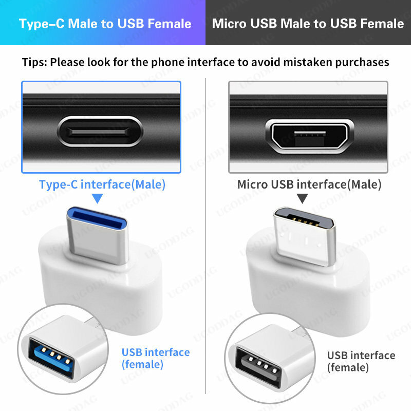 Tipo C para USB OTG Adaptador, Adaptador de telefone 2.0, Micro USB, Smartphone, Laptops, Mouse, Gamepad, Flash Disk