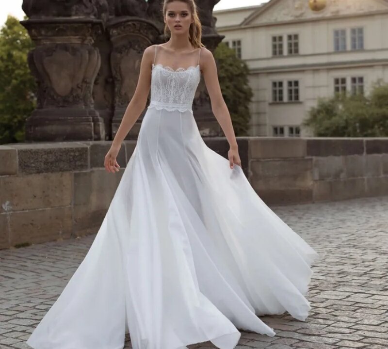 Neues einfaches weißes Hochzeits kleid sexy Spaghetti träger Spitzen applikationen a-Linie bodenlangen Vestidos de Novia 2024 Brautkleid